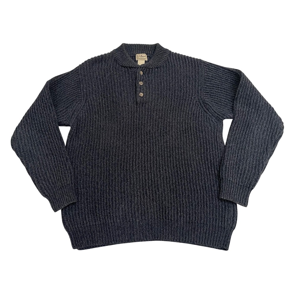 LL Bean Henley Rib Knit Fisherman Sweater Mens Small Navy Blue Made in Australia